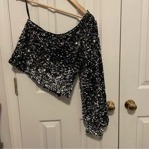 One Shoulder Long Sleeve Cropped Top Sequins